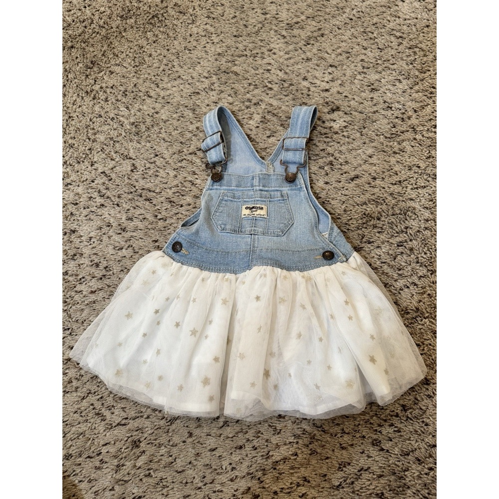 OshKosh B'gosh Denim Tulle Jumper Dress Star Print Overall 18 Months Girls